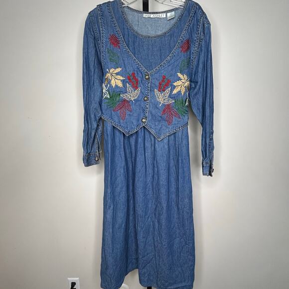 Vtg 90s JANE ASHLEY Medium Denim Maxi Dress Vest Embroidery Cottage Modest Fall - Picture 1 of 8